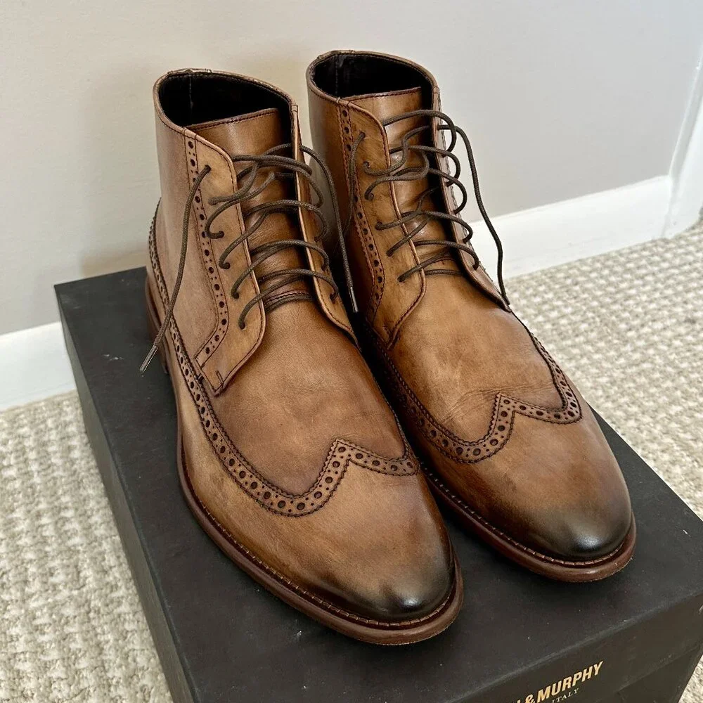 Johnston and Murphy Cartwright Wingtip Boot Size 10.5 Brown Italian Calfskin - Picture 1 of 6